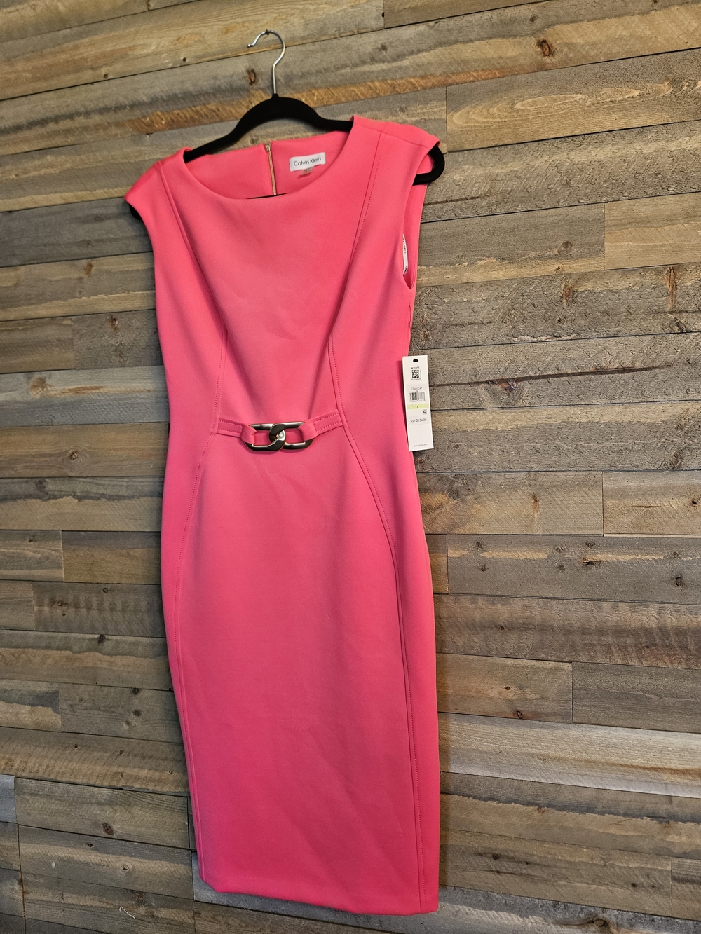 Calvin Klein Hot Pink Midi Sheath Dress with Decorative Waist Buckle